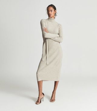Reiss + Kara Neutral Knitted Bodycon Cashmere Blend Dress