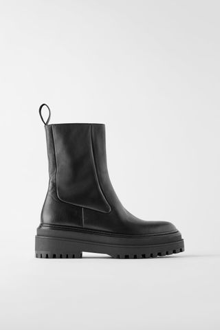 Zara + Low Heeled Leather Ankle Boots With Lug Soles