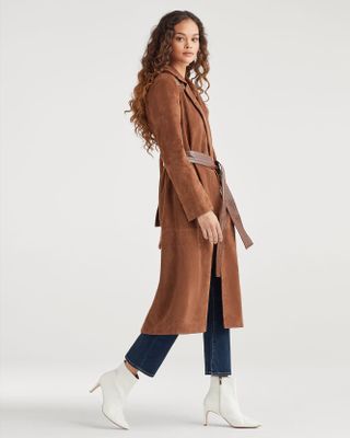 7 for All Mankind + Suede Trench Coat with Patent Leather Trim in Cognac