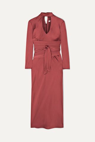 The Line by K + Porter Belted Cutout Hammered-Satin Midi Dress