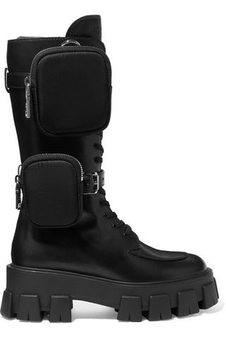 Prada + Buckled Leather and Shell Platform Boots
