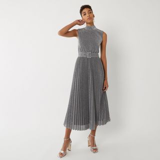 Warehouse + Metallic Pleated Midi Dress