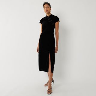Warehouse + Oriental Neck Velvet Midi Dress