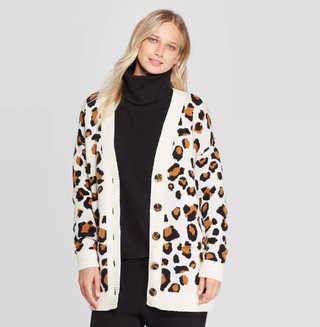 Who What Wear x Target + Leopard Print Long Sleeve Boyfriend Cardigan