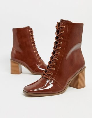 ASOS + Rylee Square Toe Lace Up Boots in Tan Patent