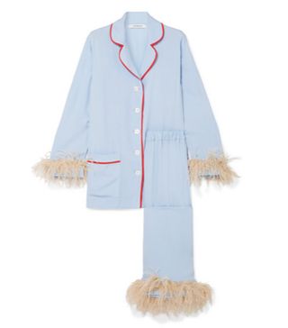 Sleeper + Satin and Feather-Trimmed Crepe de Chine Pyjama Set