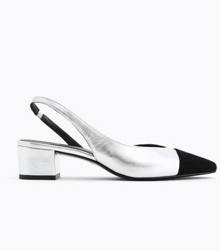 Uterqüe + Silver Leather Slingback Shoe With Contrast Toe