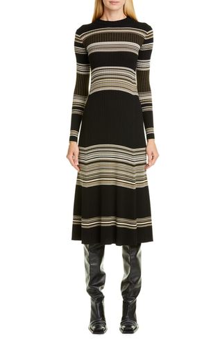 Proenza Schouler + Stripe Long Sleeve Merino Wool Blend Sweater Dress