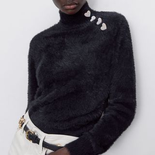 Zara + Faux Fur Sweater With Heart Buttons