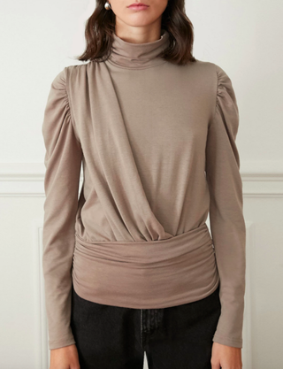 Pixie Market + Taupe Puff Sleeve Knit top