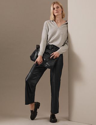 Marks & Spencer + Leather Wide Leg Trousers