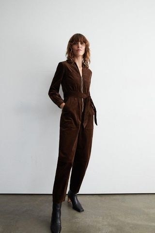 Warehouse + Cord Zip Front Belted Jumpsuit