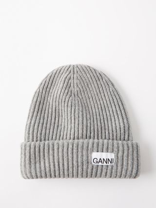 Ganni + Logo-Patch Recycled Wool-Blend Beanie Hat
