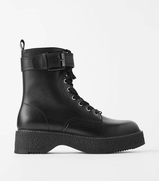 Zara + Flat Leather Biker Ankle Boots With Buckle