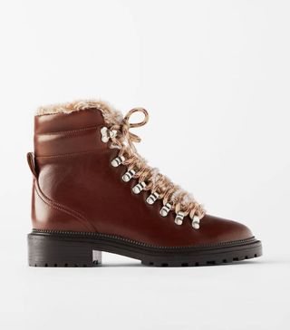 Zara + Flat Leather Mountain Ankle Boots With Fuzzy Trim
