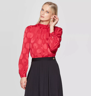 Who What Wear x Target + Long Sleeve Mock Turtleneck Pleated Button Blouse