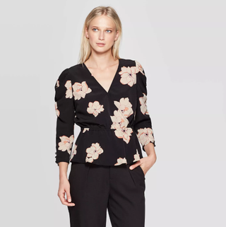 Who What Wear x Target + Floral Print Puff Long Sleeve V-Neck Ruched Peplum Blouse