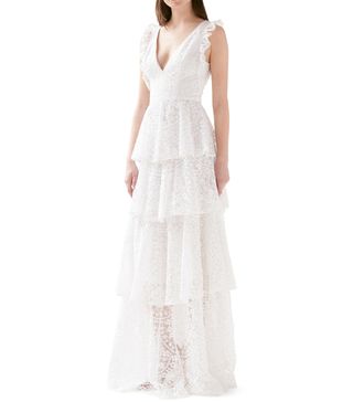 ML Monique Lhuillier + Embroidered Ruffle Tiered Evening Gown