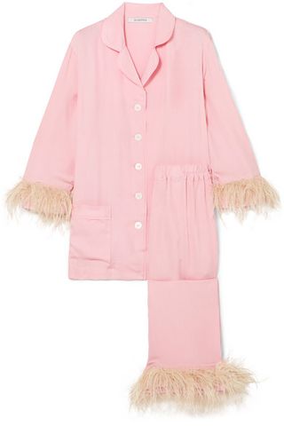 Sleeper + Satin and Feather-Trimmed Crepe de Chine Pajama Set