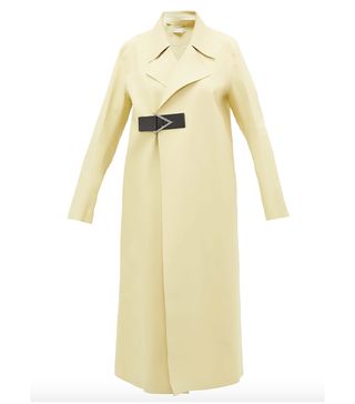 Bottega Veneta + Laser-Cut Geometric-Buckle Midi-Length Rubber Coat