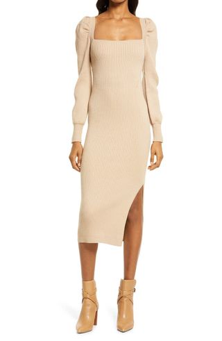Charles Henry + Square Neck Tie Back Puff Long Sleeve Sweater Dress