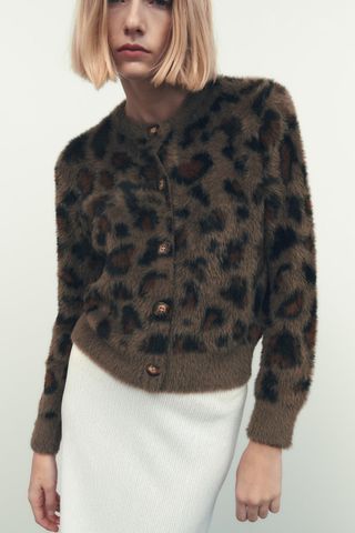 Zara + Animal Print Jacquard Knit Cardigan