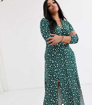 ASOS Design Curve + Long Sleeve Button Through Maxi Tea Dress