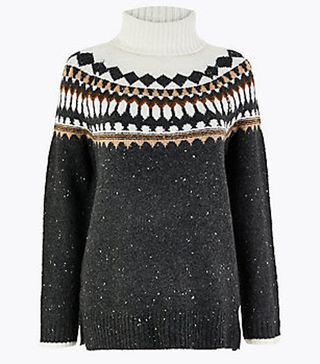 M&S Collection + Fair Isle Print Roll Neck Relaxed Fit Jumper