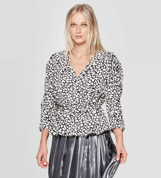 Who What Wear x Target + Leopard Print Puff Long Sleeve V-Neck Ruched Peplum Blouse