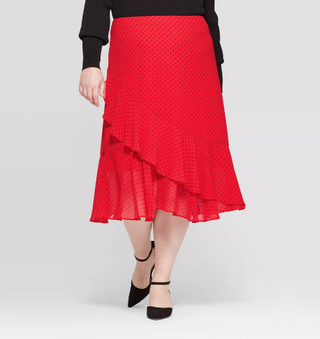 Who What Wear x Target + Polka Dot Mid-Rise Seamed Ruffle A Line Midi Skirt