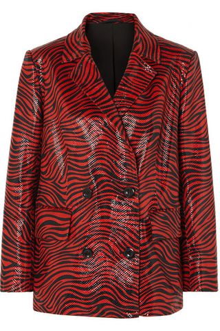 Stand Studio + + Pernille Teisbaek Cassidy Double-Breasted Zebra-Print Faux Leather Blazer
