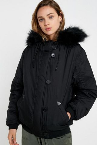 UO + Angelica Faux Fur Hooded Bomber Jacket