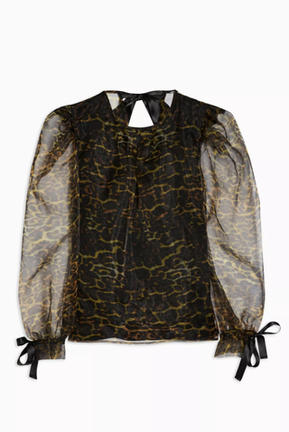 Topshop + Black Leopard Organza Blouse With Bow Detail
