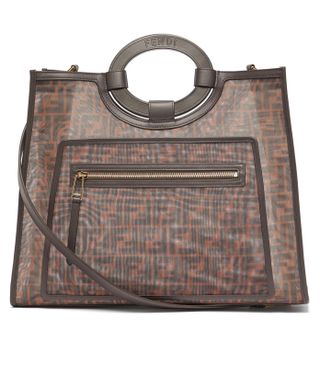 Fendi + Runaway FF-Print Leather-Trimmed Mesh Tote Bag