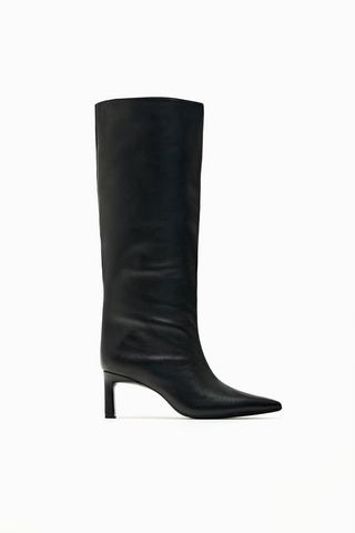 Zara + Heeled Leather Knee High Boots