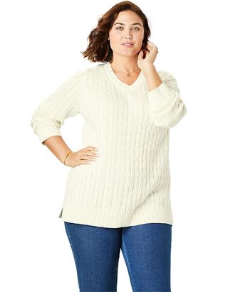 Woman Within + Cable Knit V-Neck Pullover Sweater