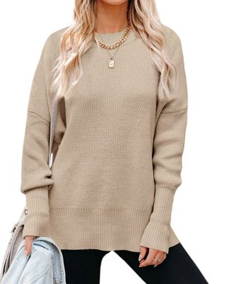 Imily Bela + Long Sleeve Drop Shoulder Oversized Side Slit Tunic Sweater Tops