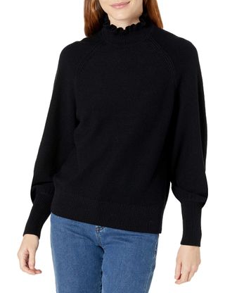 Cable Stitch + Bishop Sleeve Mock Neck Sweater