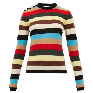 Ganni + Crystal-Button Stripe Cashmere Sweater