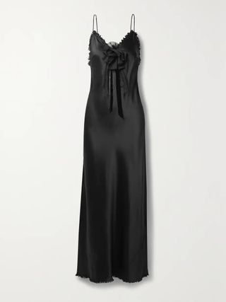 Loveshackfancy + Elizabella Frayed Embellished Silk-Satin Maxi Dress