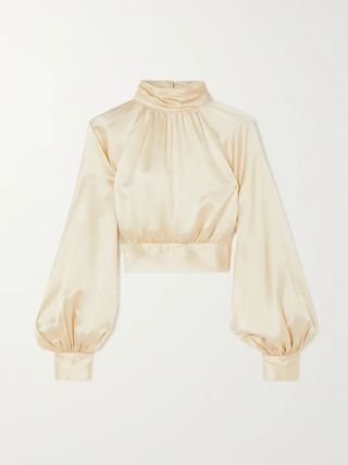 Reformation + Julia Cropped Open-Back Silk-Charmeuse Blouse