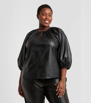 Who What Wear + Faux Leather Balloon 3/4 Sleeve Blouse