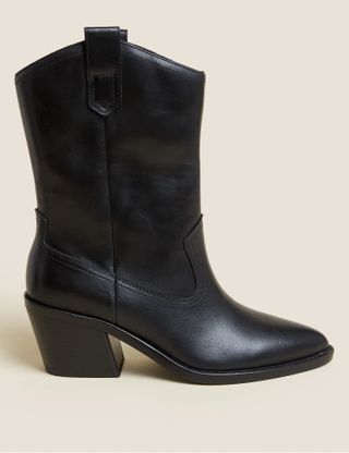 M&S Collection + Leather Western Block Heel Ankle Boot