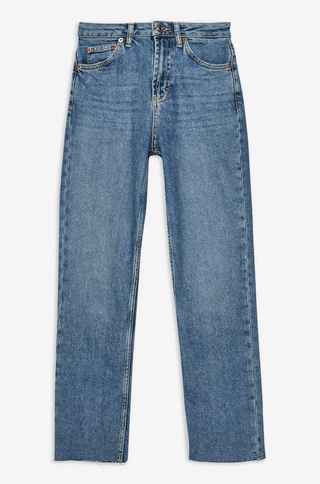Topshop + Mid Blue Raw Hem Straight Jeans