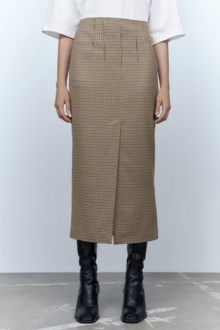 Zara + Straight Split-Front Checked Skirt