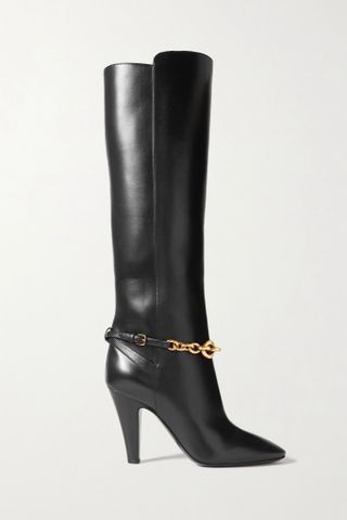 Saint Laurent + Le Maillon Chain-Embellished Leather Knee Boots