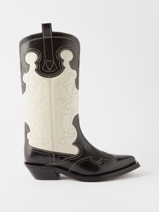 Ganni + Black Topstitched Leather Cowboy Boots