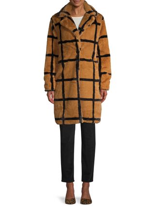 Forever Audrey + Plaid Single-Button Faux Fur Coat