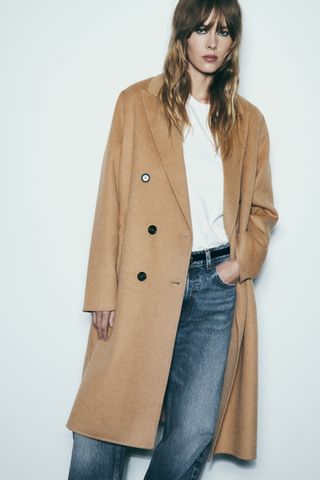 Zara + Double Breasted Wool Blend Coat