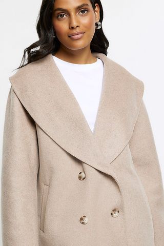 River Island + Brown Wool Blend Double Breasted Coat